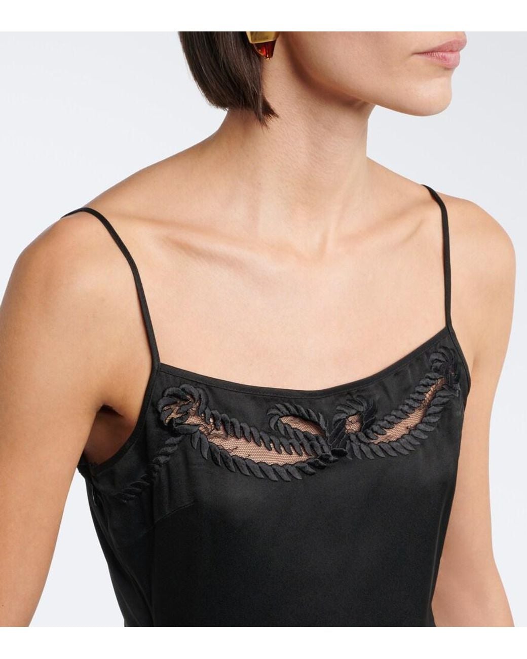 JACQUES WEI Black Embroidered Draped Satin Camisole
