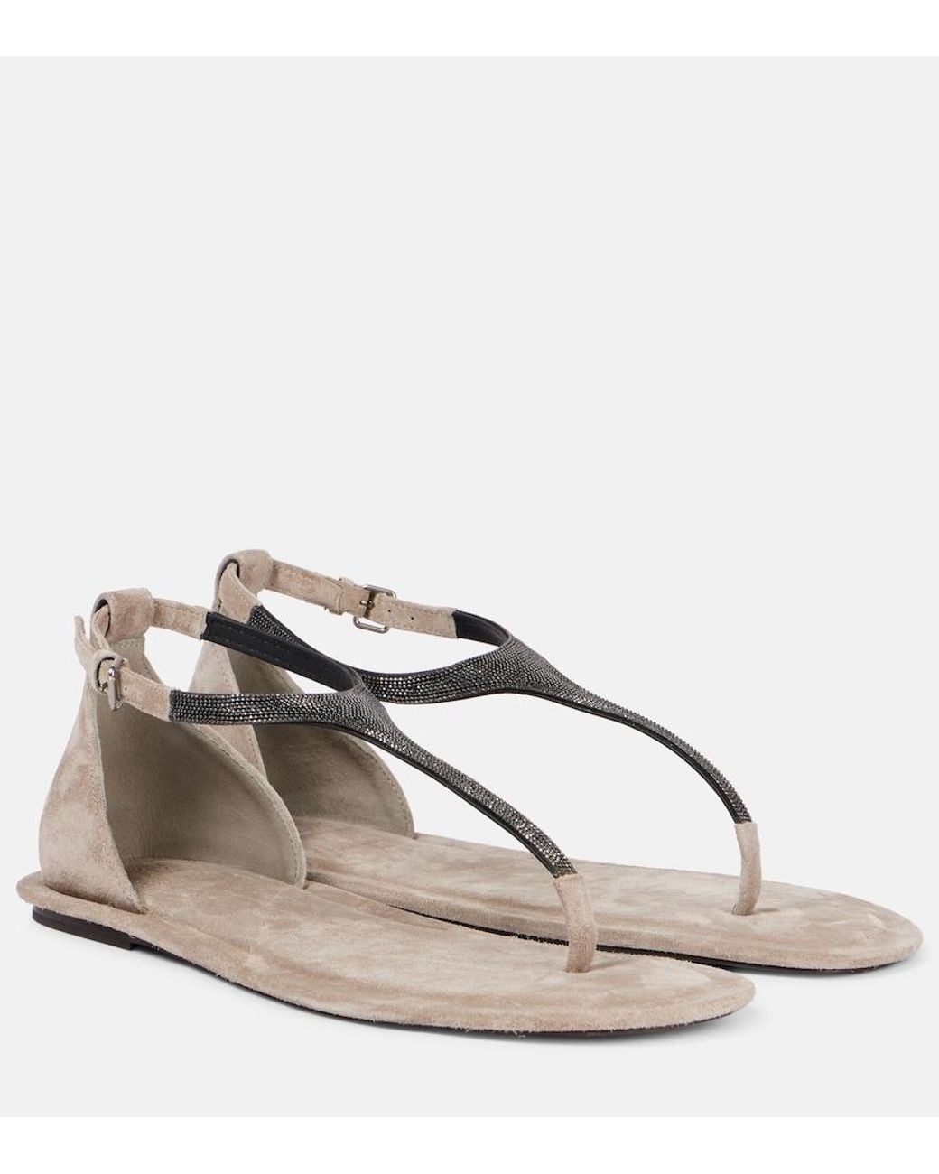 Brunello Cucinelli White Monili Suede Thong Sandals