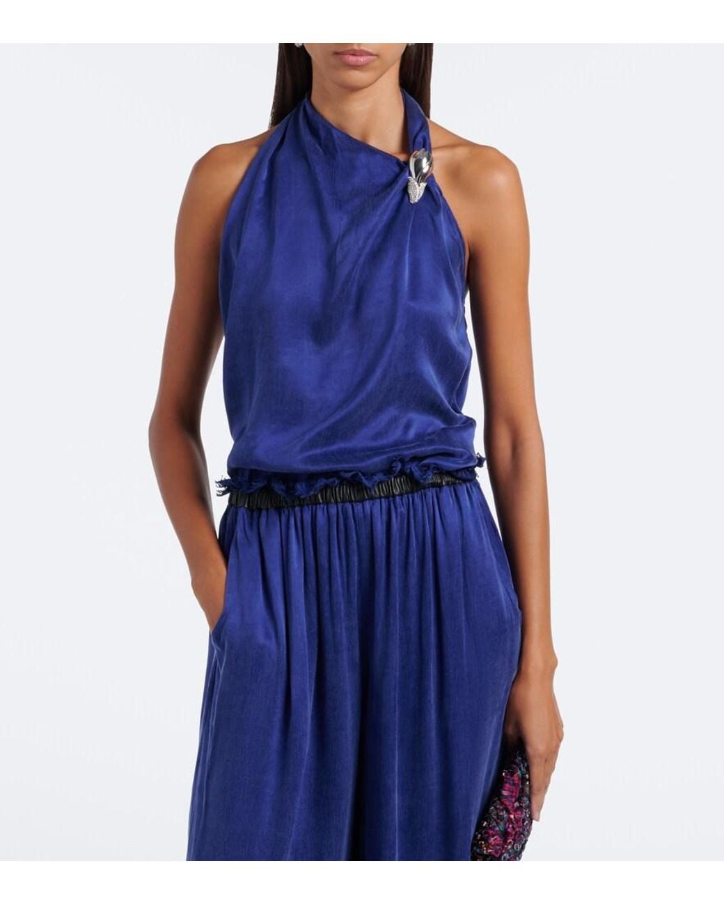 JACQUES WEI Blue Asymmetric Embellished Halterneck Top