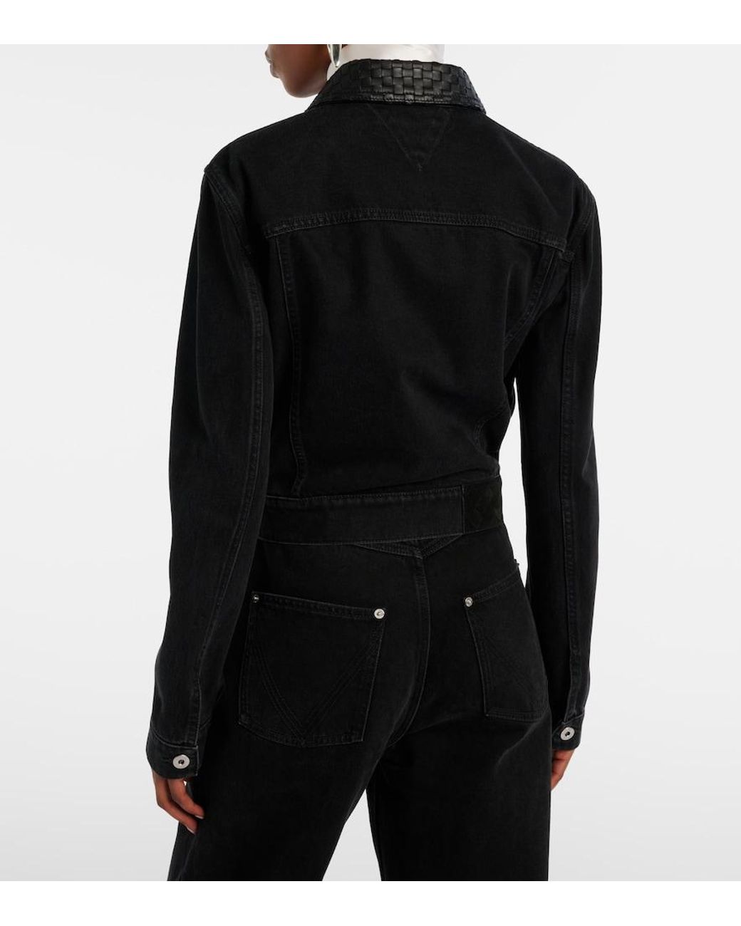 Bottega Veneta Blue Intrecciato Leather-Trimmed Denim Jacket