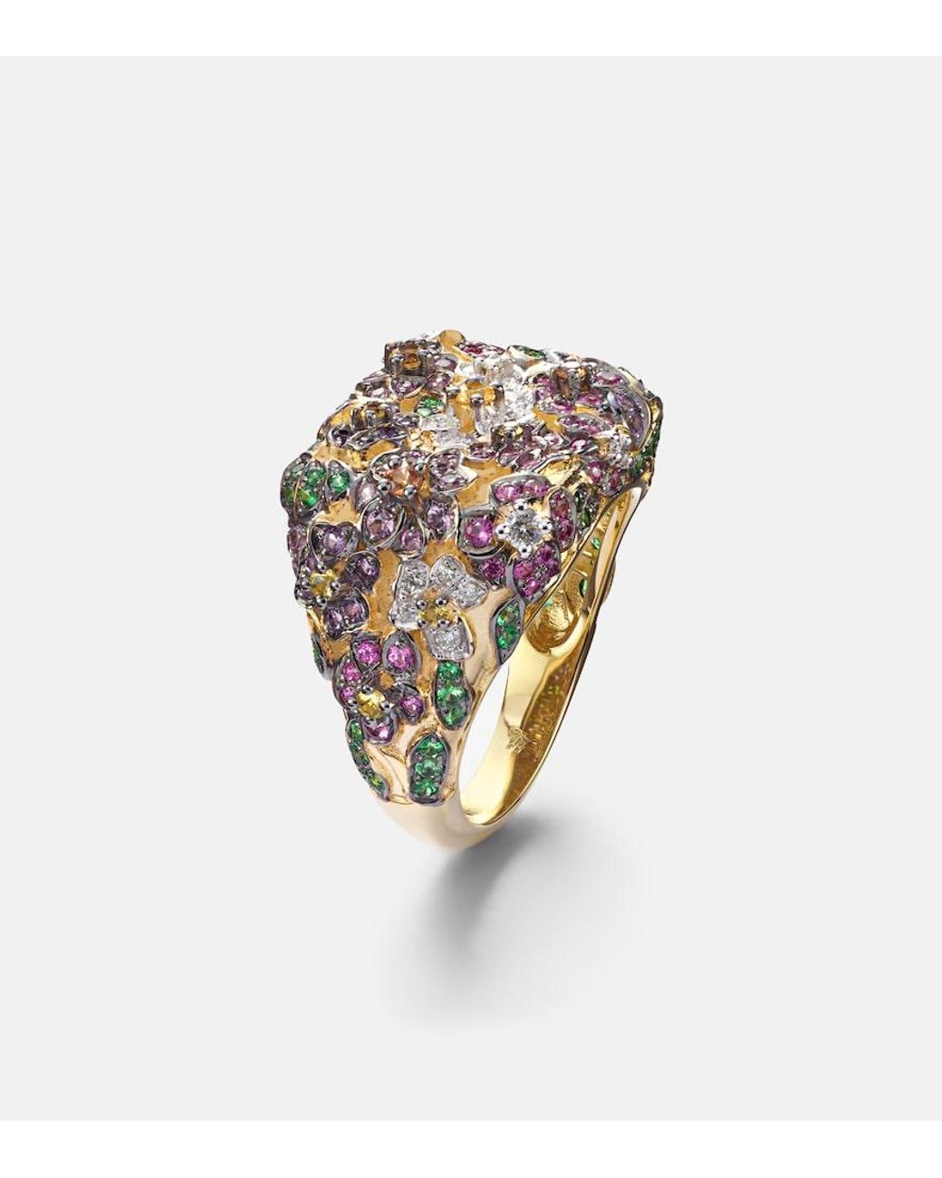Bague Jolie Fleur En Or 9 Ct, Diamants, Saphirs, Amethystes Et Tsavorites Yvonne Léon en coloris White