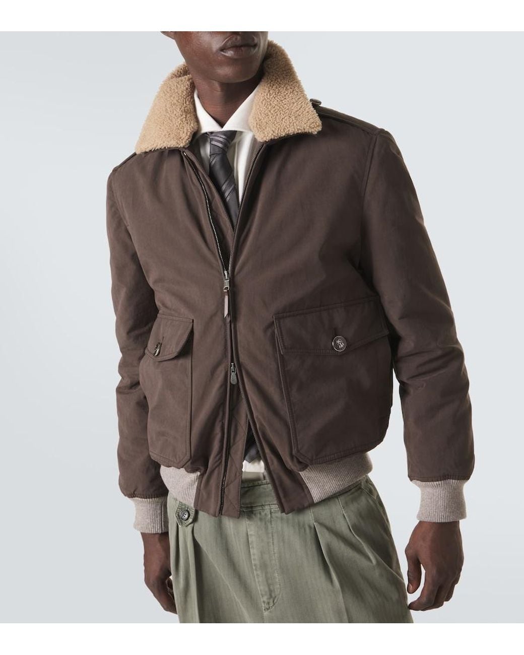 Brunello Cucinelli Brown Shearling-Trimmed Blouson Jacket for men
