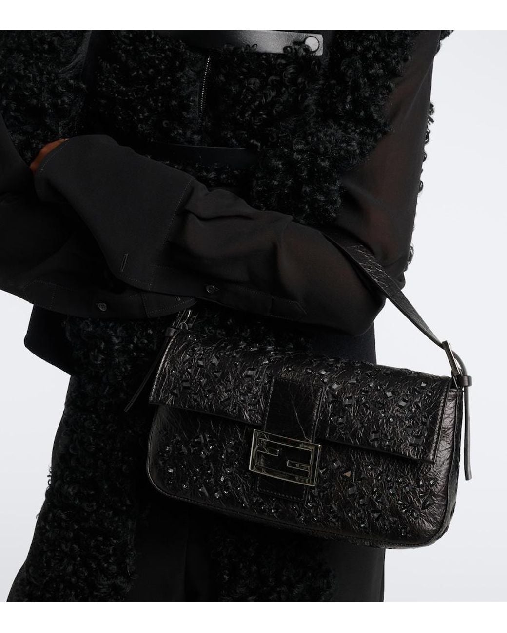 Fendi Black Baguette Small 26424 Leather Shoulder Bag