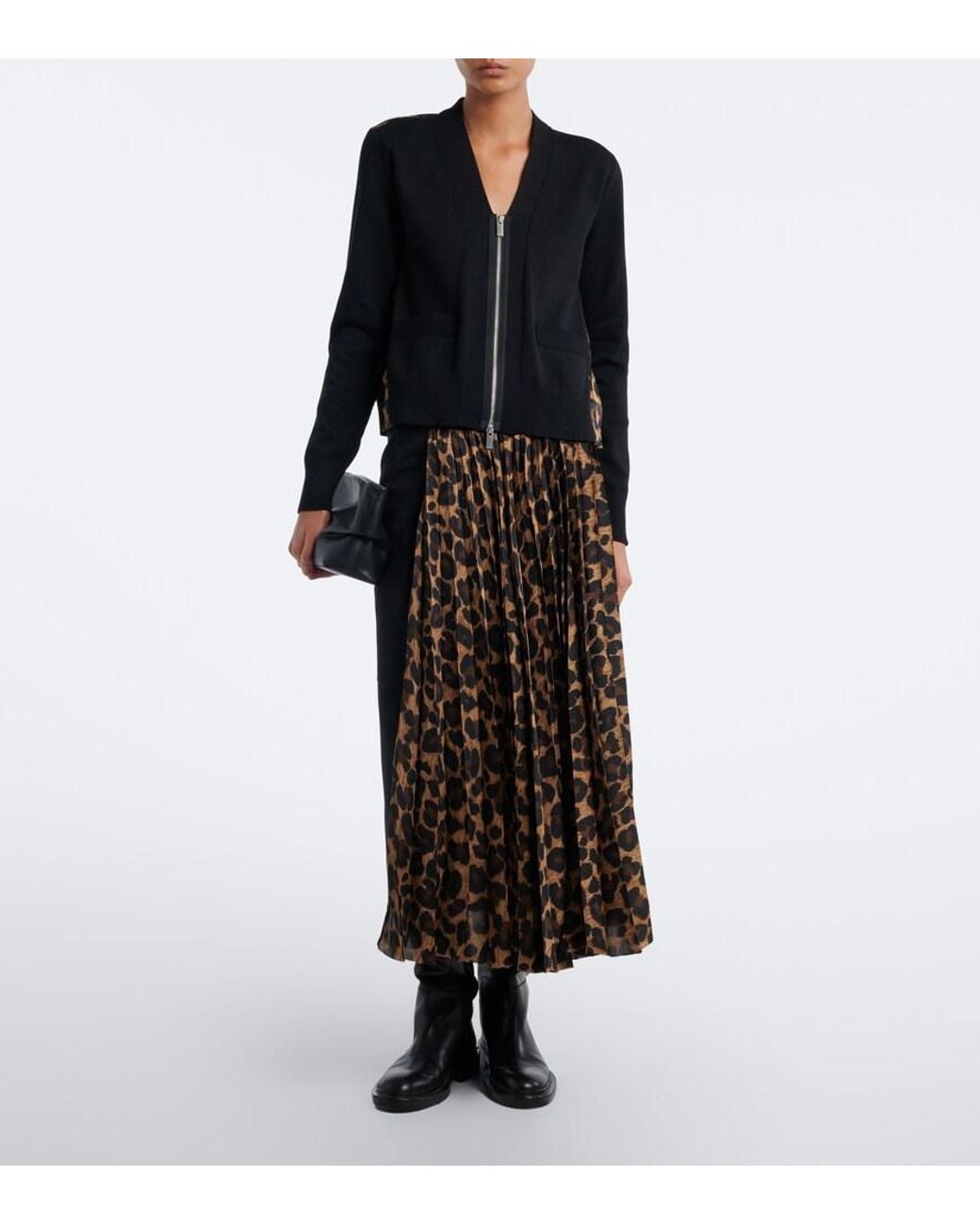 Sacai Black Paneled Leopard-Print Cotton-Blend Cardigan