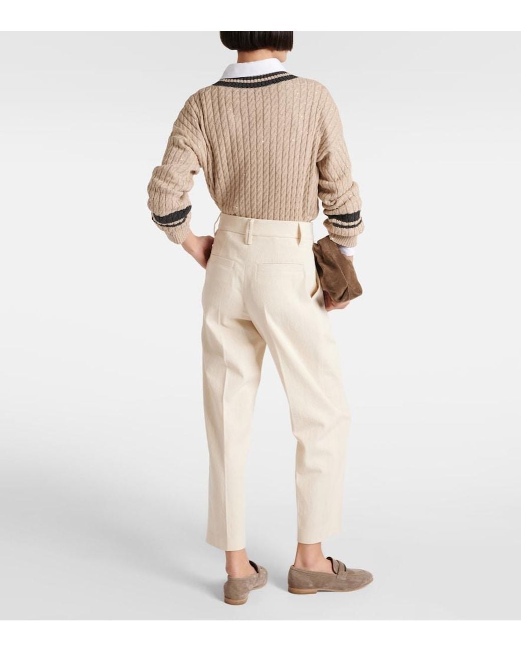 Brunello Cucinelli White Gabardine High-Rise Straight Pants