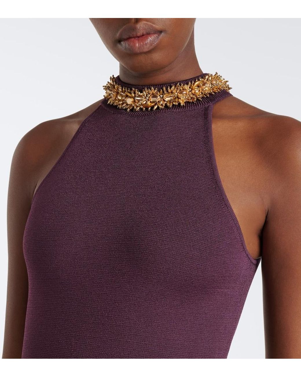Balmain Purple Embellished Knitted Halterneck Gown