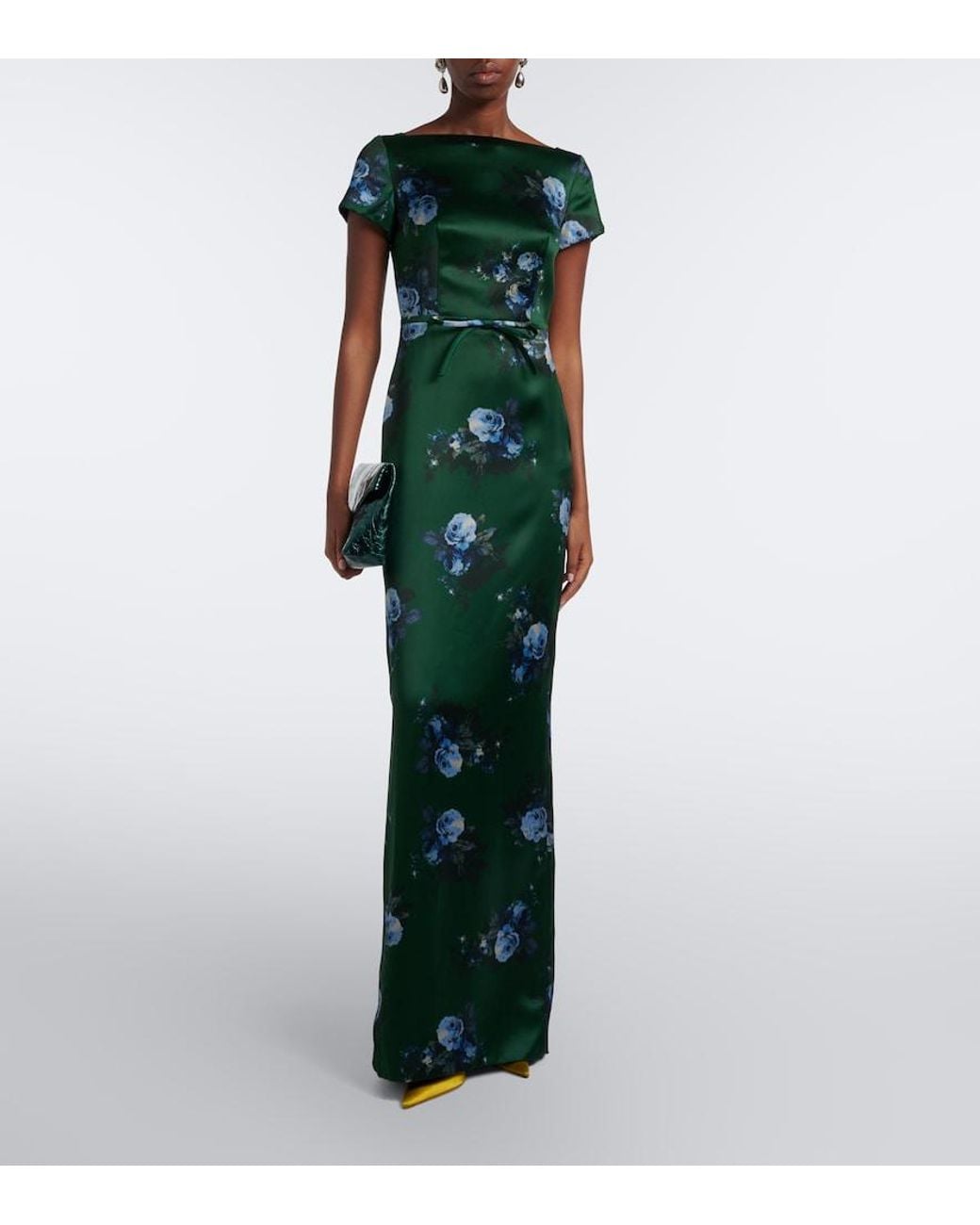 Erdem Green Belted Floral Duchess Satin Gown