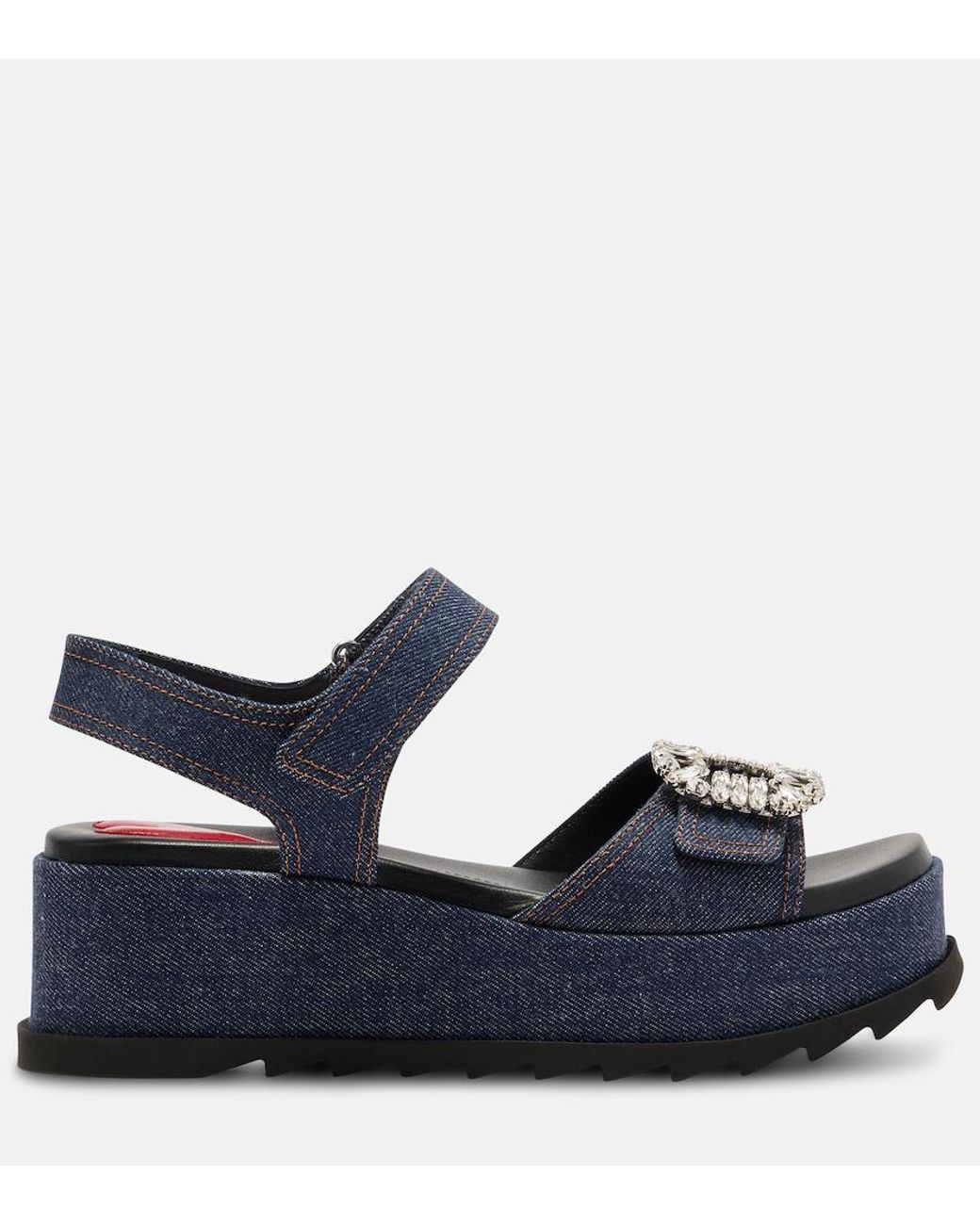 Roger Vivier Blue Embellished Denim Wedge Sandals