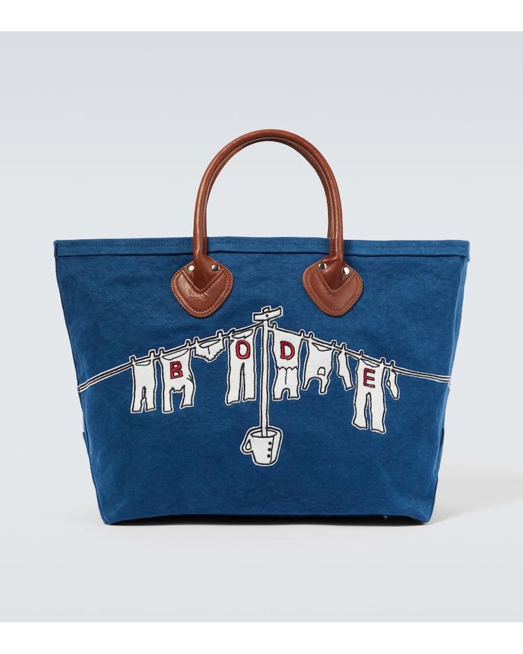 Bode Clothesline Leather-Trimmed Canvas Tote Bag in Blue for Men