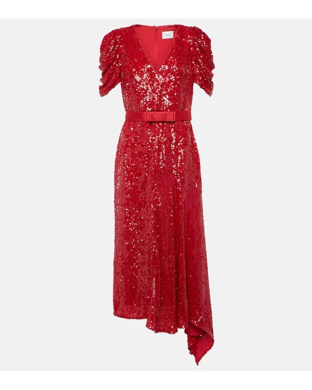 Erdem Red Asymmetric Sequined Midi Dress