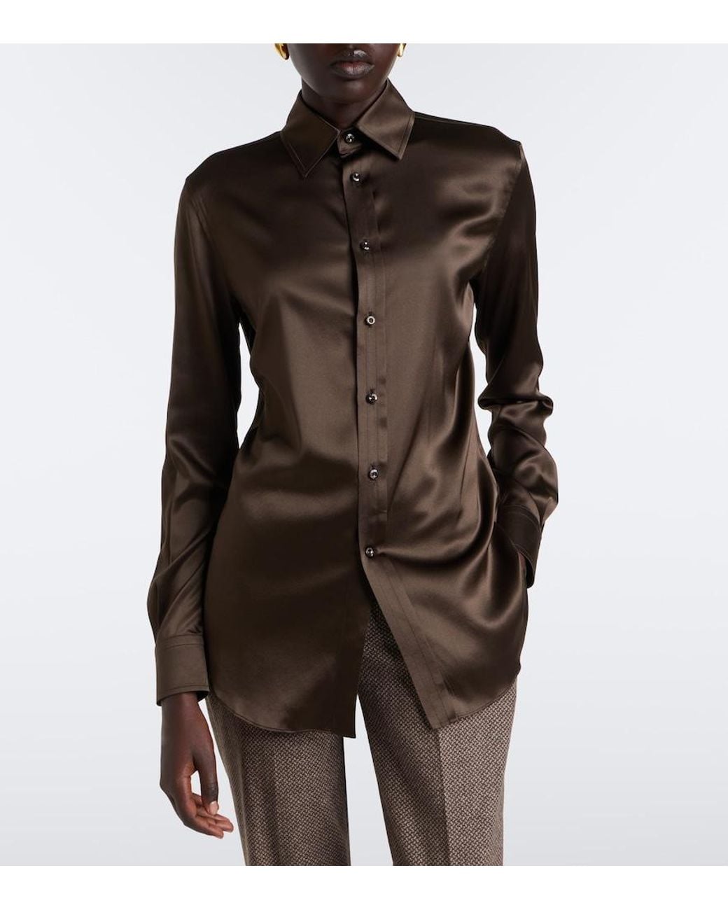 Ralph Lauren Brown Silk-Blend Satin Shirt