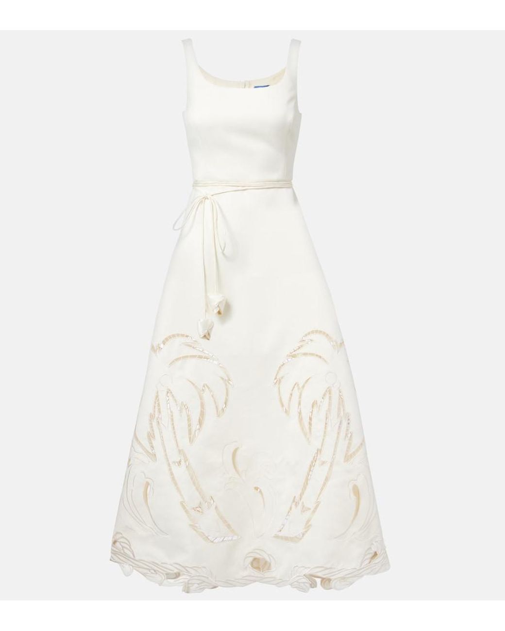 LEO LIN White Palm Laser-Cut Embroidered Midi Dress