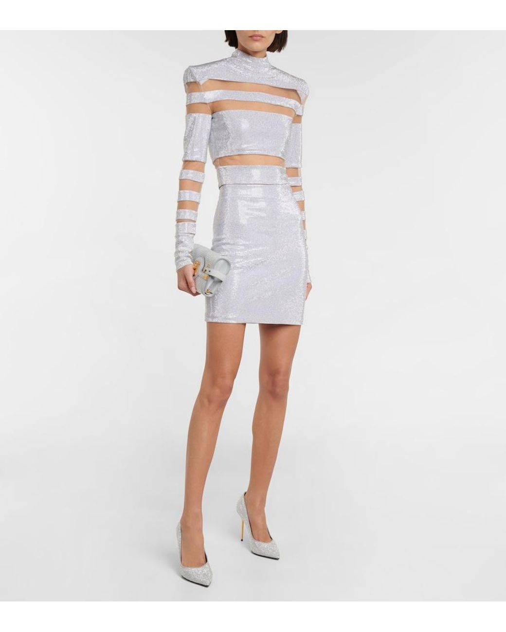 Balmain Gray Cropped-Pullover Mit Mesh