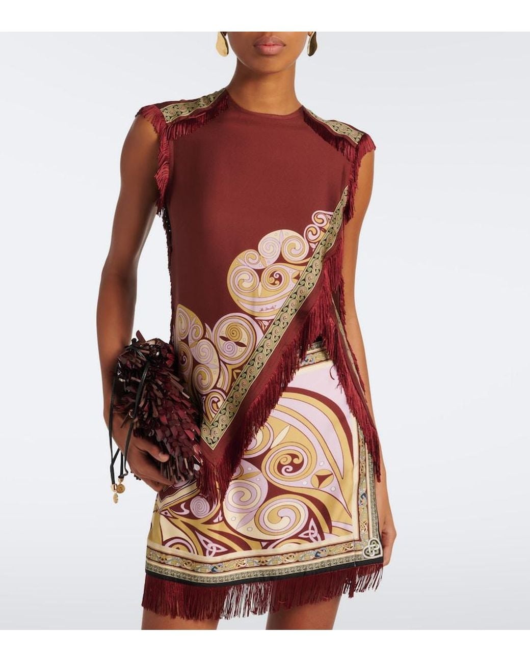 LaDoubleJ Red Fringed Printed Silk Twill Scarf Top