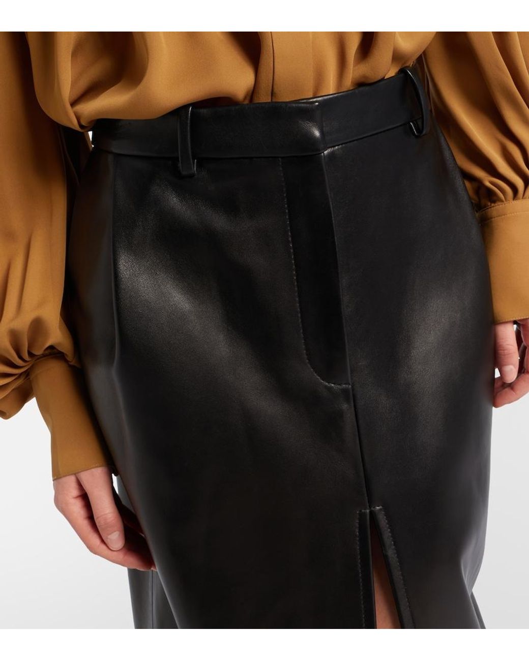Khaite Black Anden Leather Midi Skirt