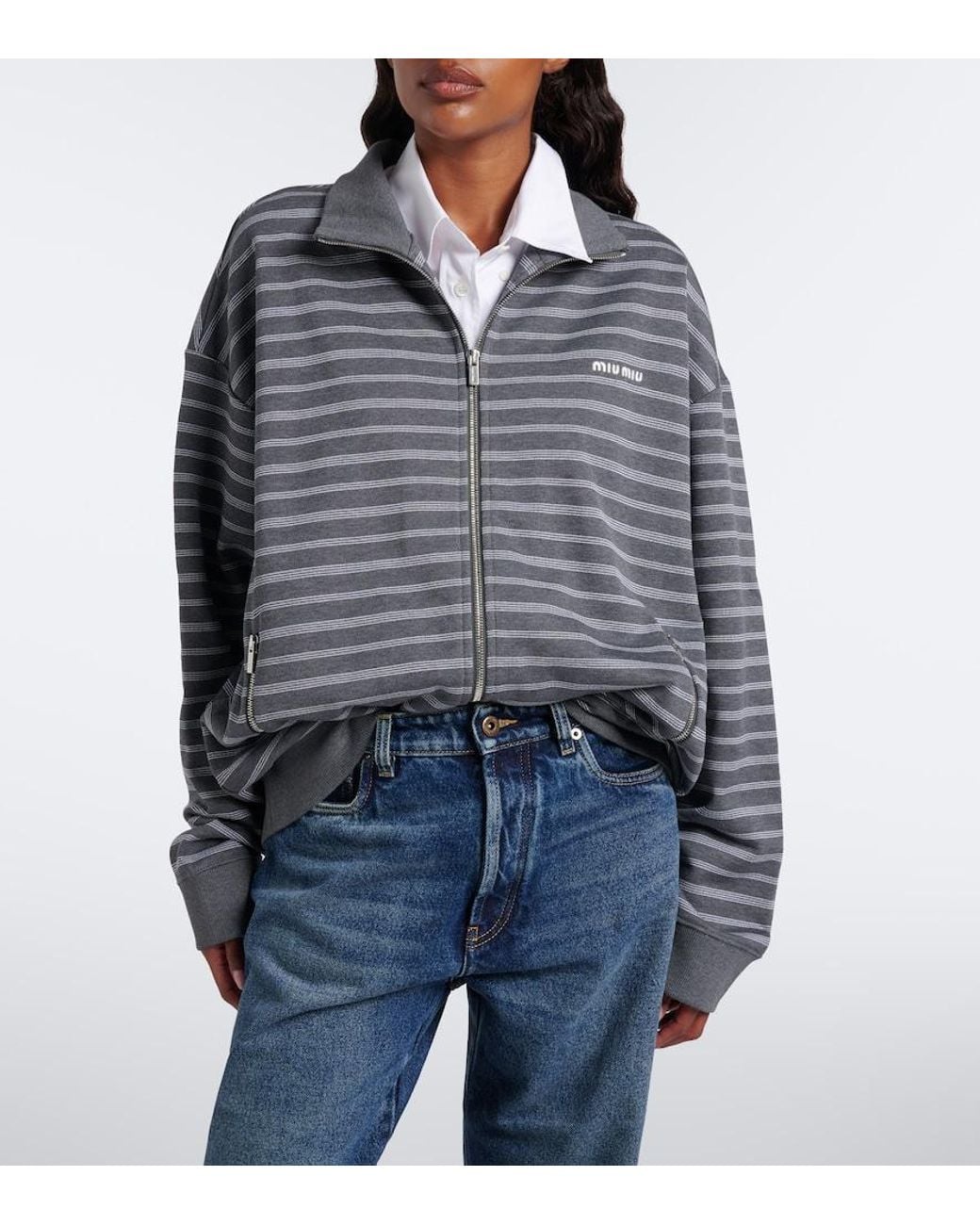 Miu Miu Gray Striped Cotton Zip-Up Sweatshirt