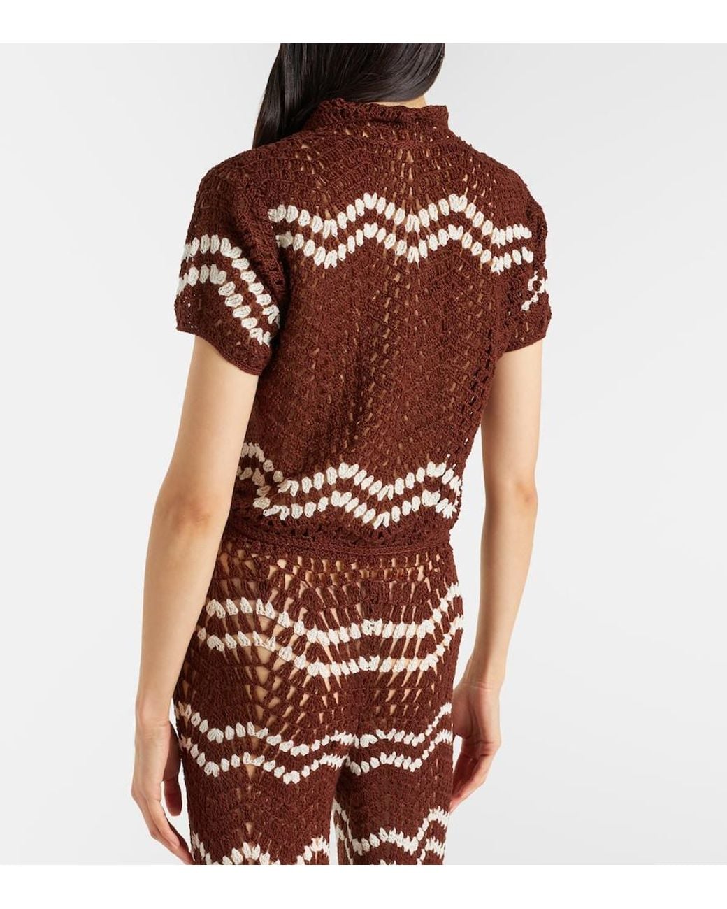 Anna Kosturova Brown Crochet Cropped Cotton Top