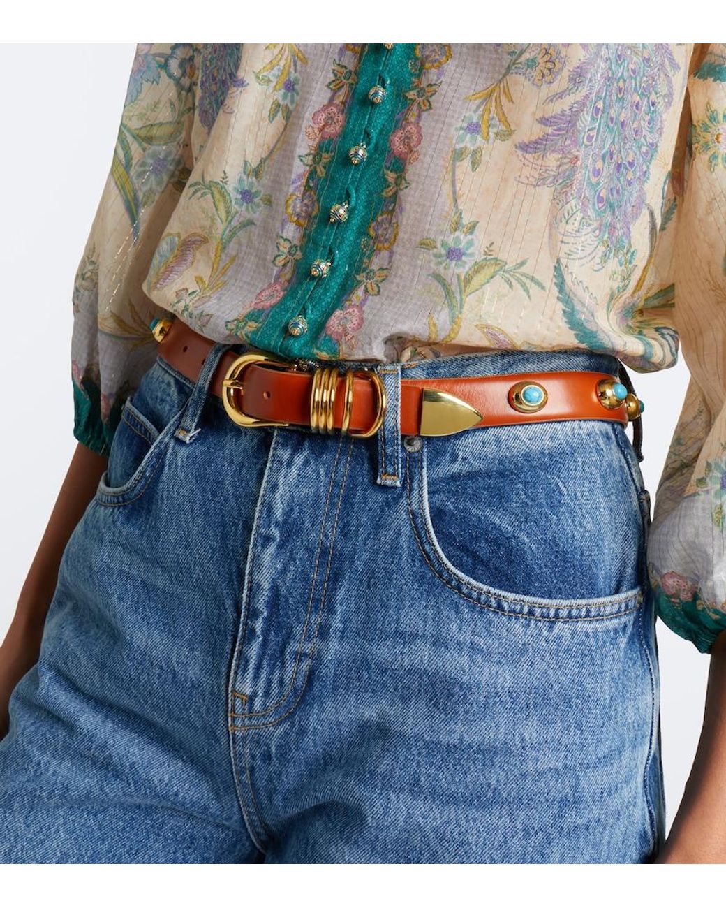 DEHANCHE Brown Hollyhock Embellished Leather Belt