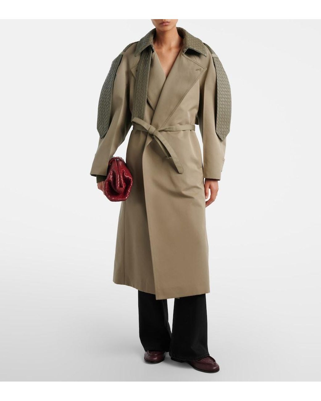 Bottega Veneta Natural Intrecciato Leather-Trimmed Trench Coat