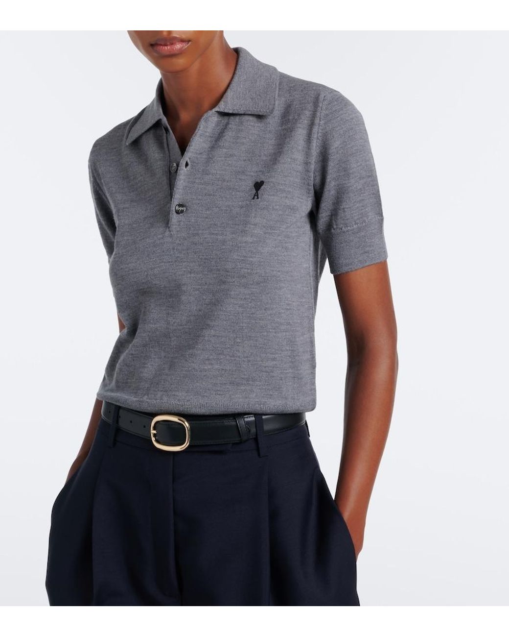 AMI Gray Ami De Coeur Wool Polo Shirt