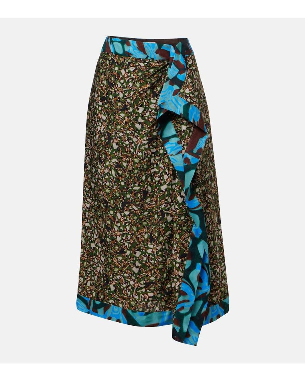 Dries Van Noten Green Printed Ruffled Midi Skirt