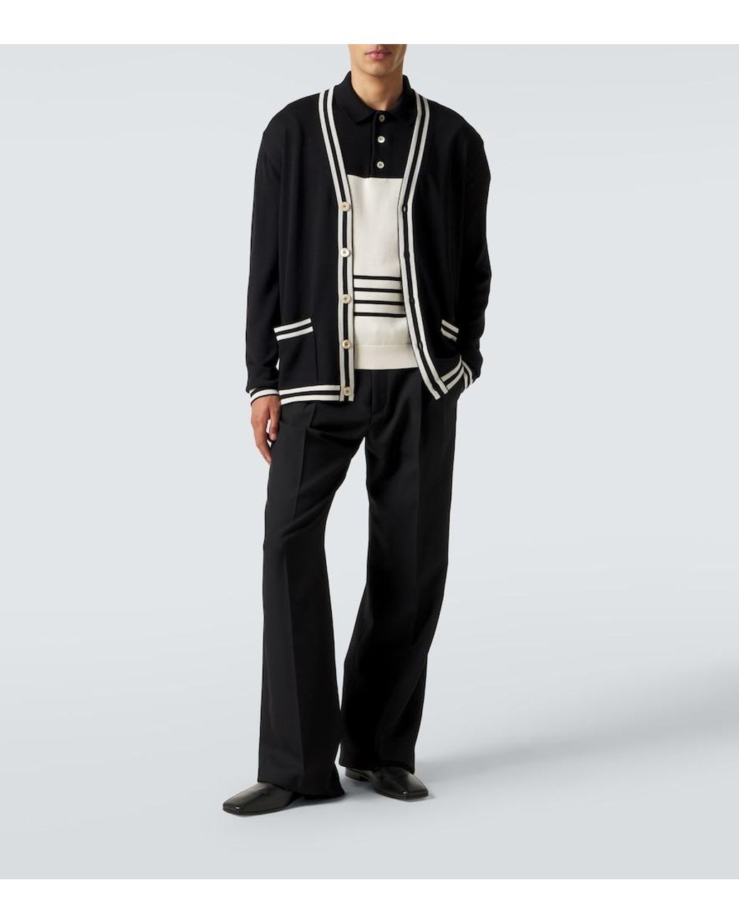 Valentino Garavani Black Vlogo Striped Cotton Polo Sweater for men