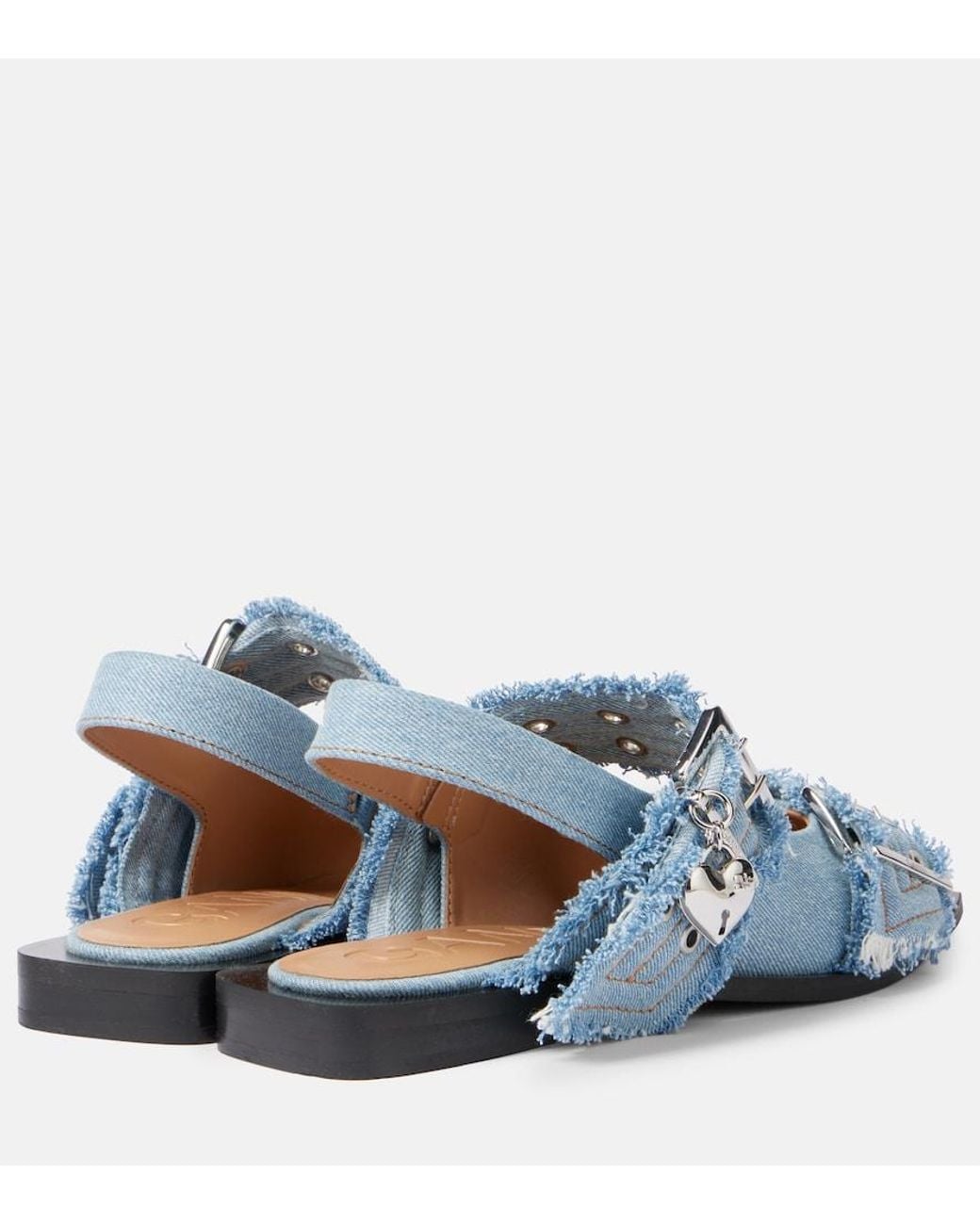 Ganni Blue Faded Denim Slingback Ballet Flat Shoe With Buckles