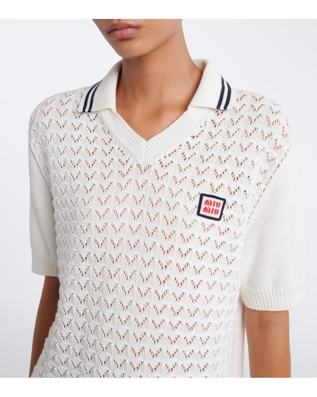 Miu Miu White Open-Knit Cotton Polo Shirt