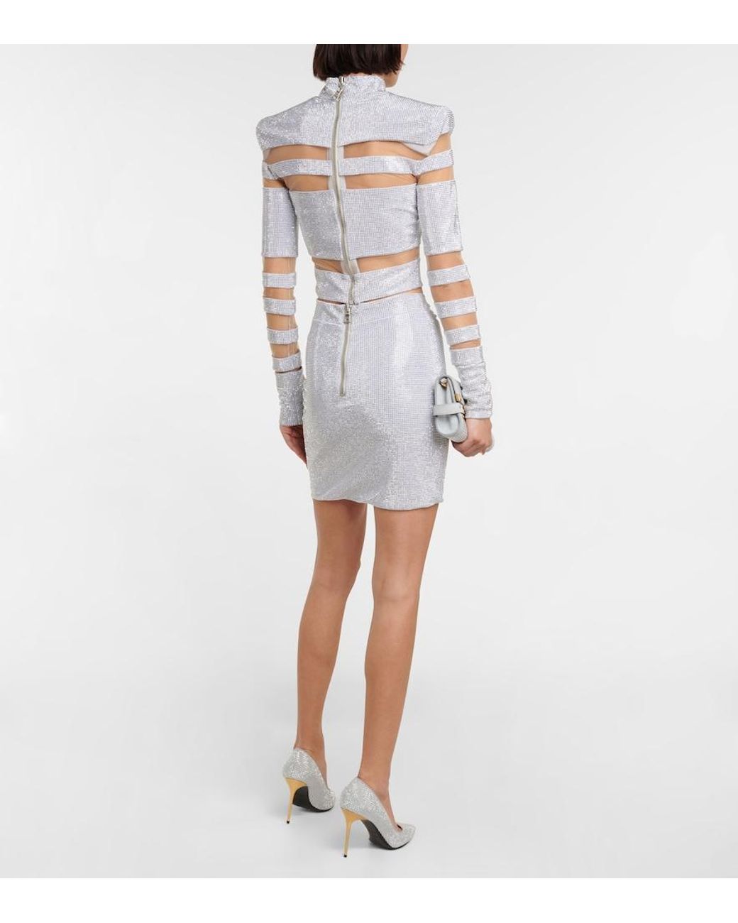 Balmain Gray Cropped-Pullover Mit Mesh