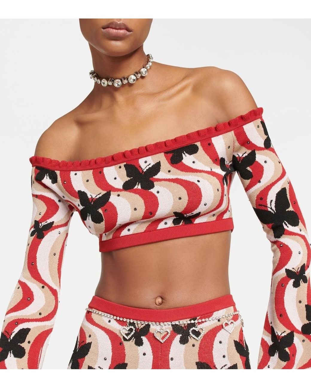 Alessandra Rich Red Printed Bandeau Cropped Top