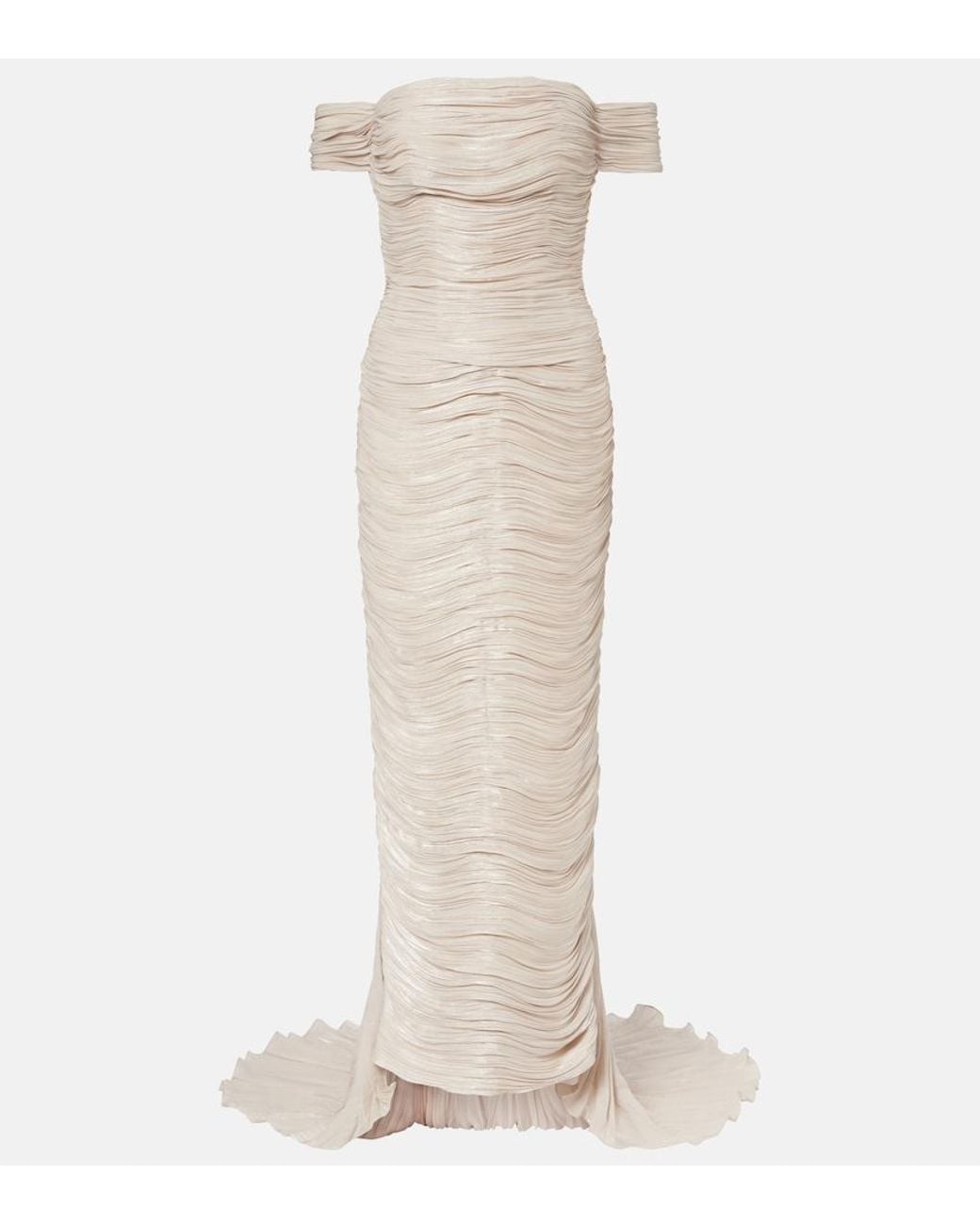 Marmar Halim White Off-Shoulder Pleated Bustier Gown