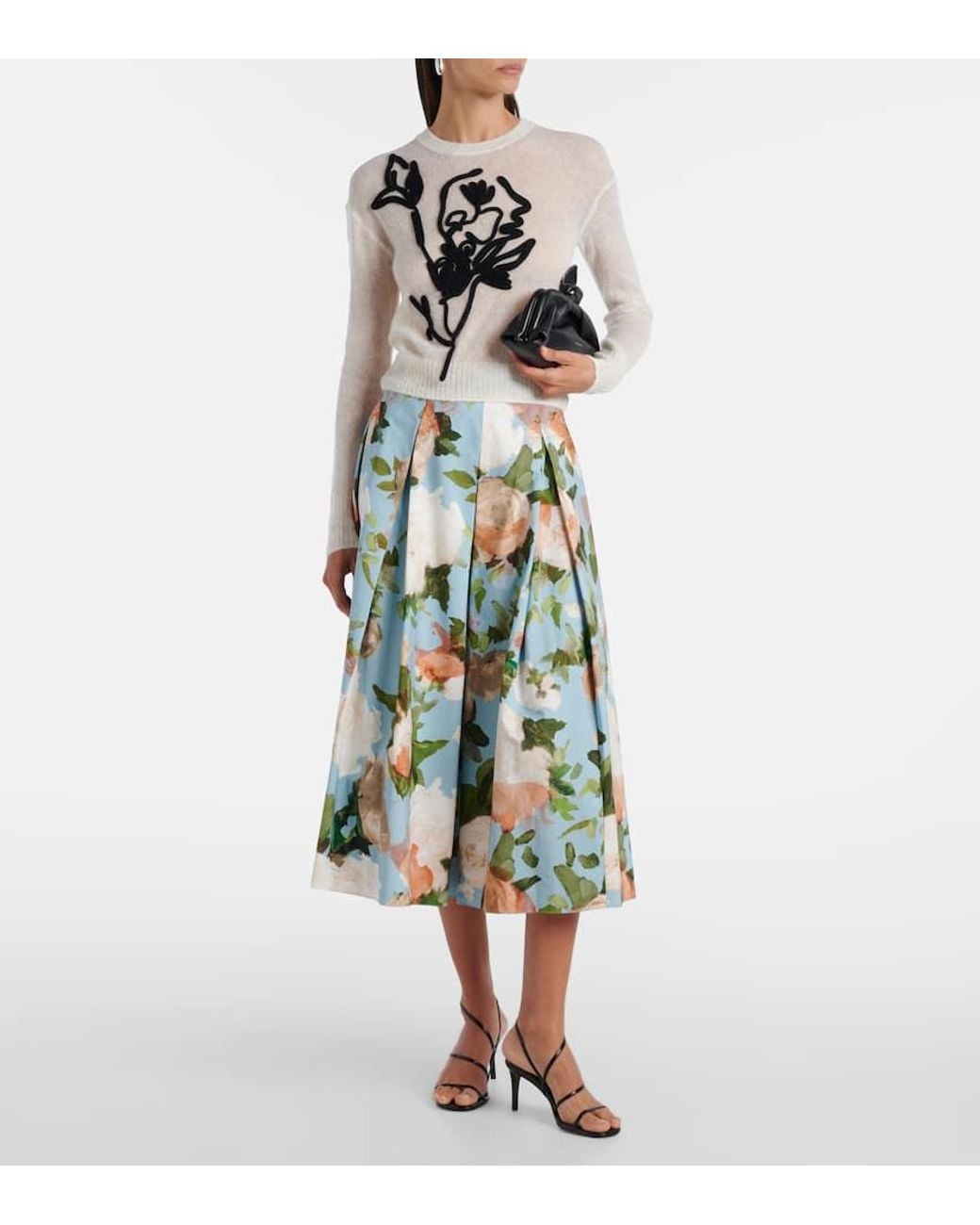 Erdem Green Floral Pleated Cotton Midi Skirt