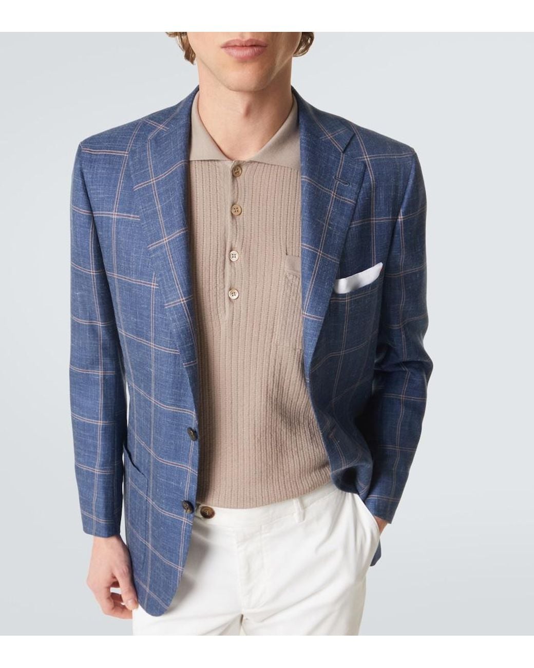 Kiton Blue Checked Cashmere, Wool, Silk, And Linen Blazer for men