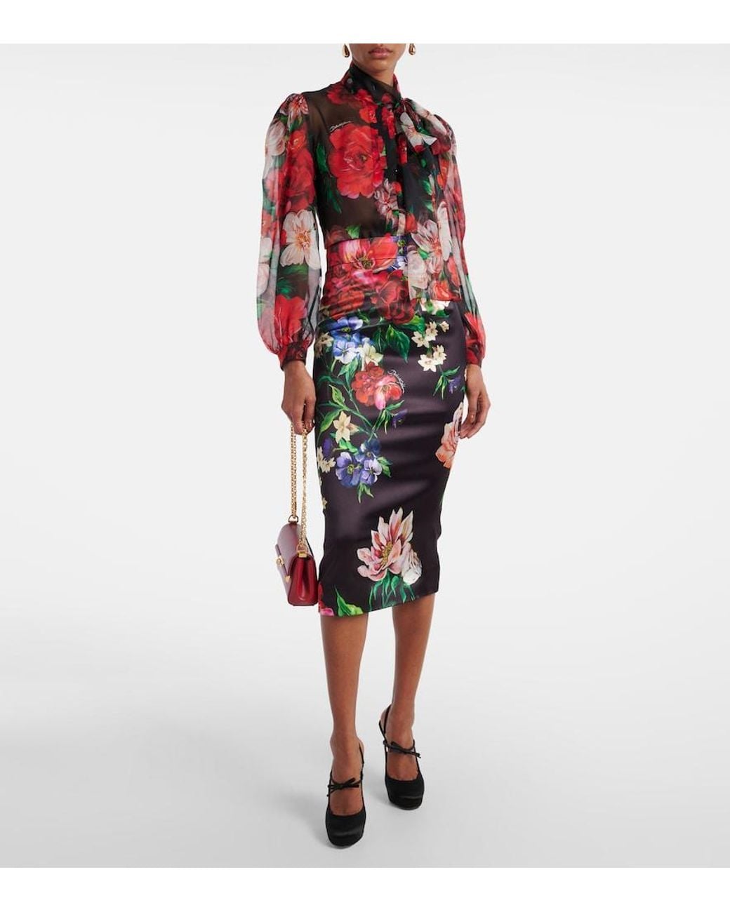 Dolce & Gabbana Red Floral Tie-Neck Silk Organza Blouse
