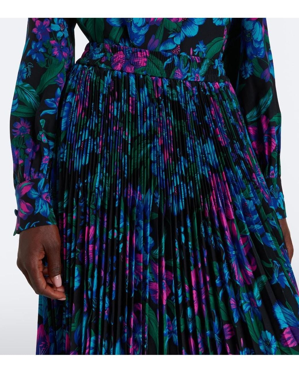 Gucci Blue Floral Plisse Silk Crepe De Chine Midi Skirt