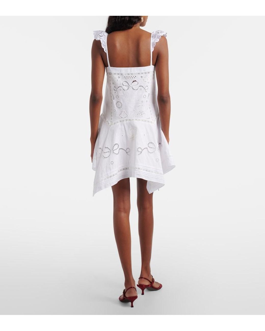 Self-Portrait White Embroidered Linen And Cotton Poplin Minidress