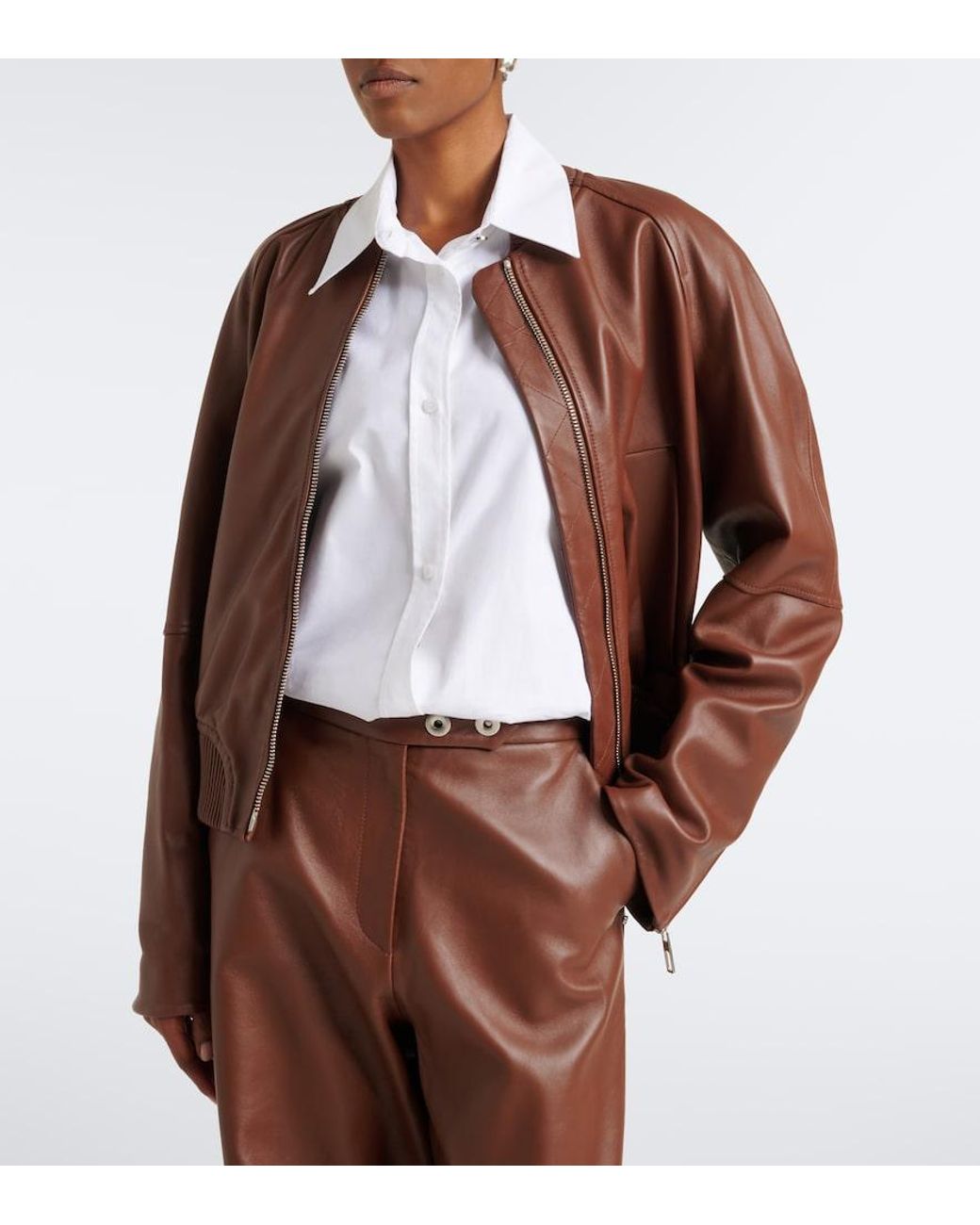 Sportmax Brown Leather Bomber Jacket