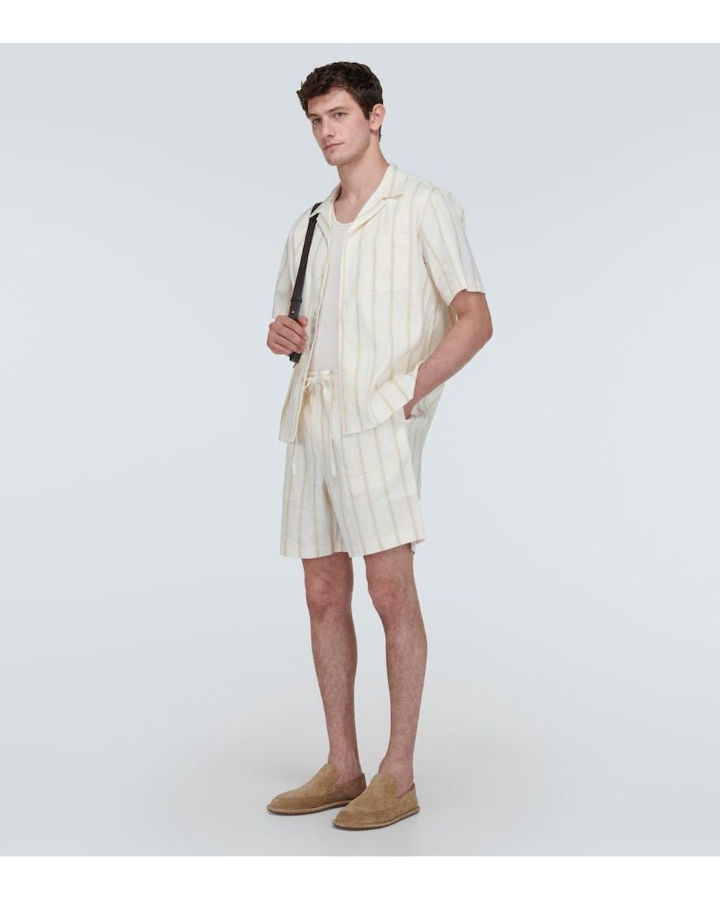 Commas White Striped Linen-Blend Bowling Shirt for men