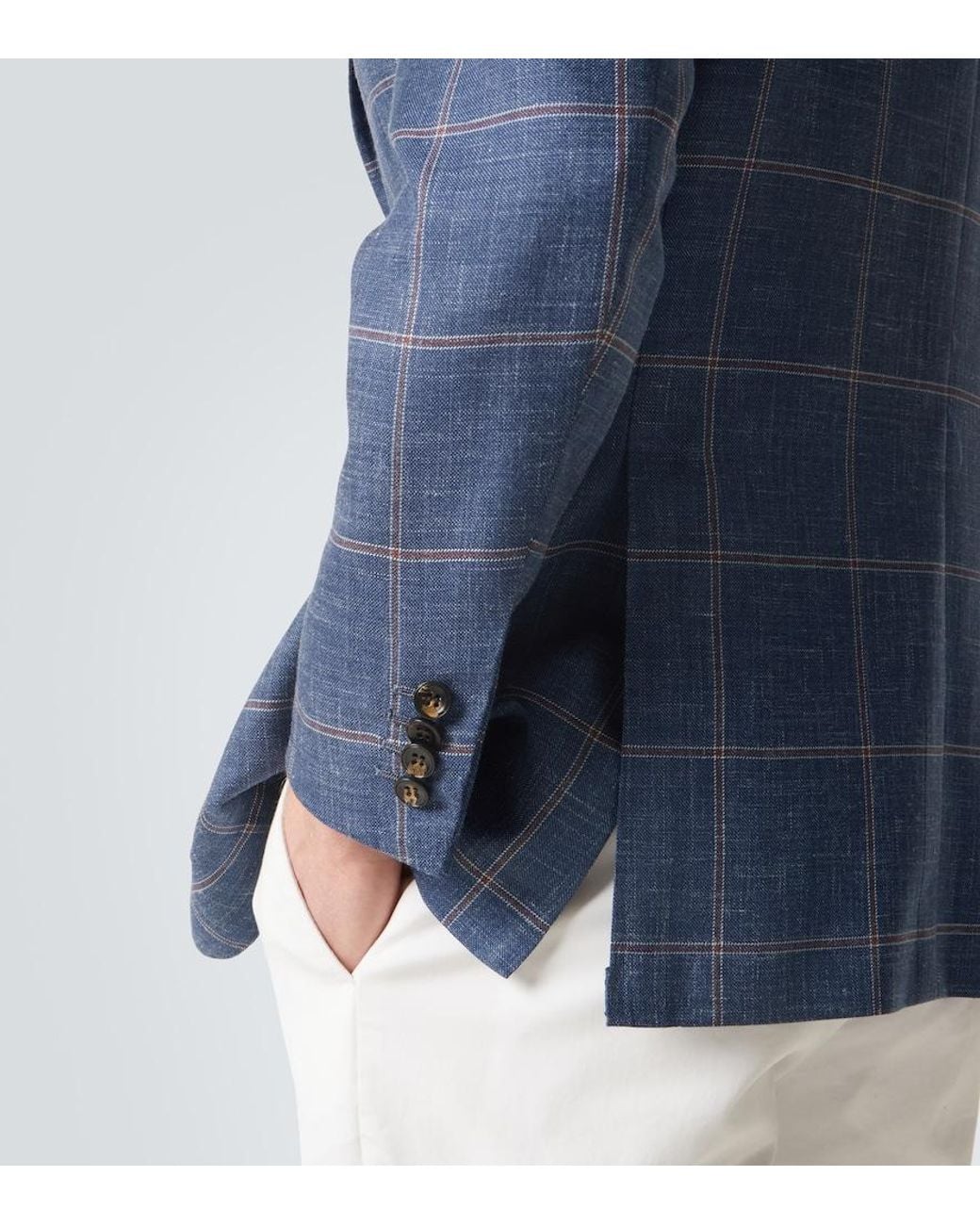 Kiton Blue Checked Cashmere, Wool, Silk, And Linen Blazer for men