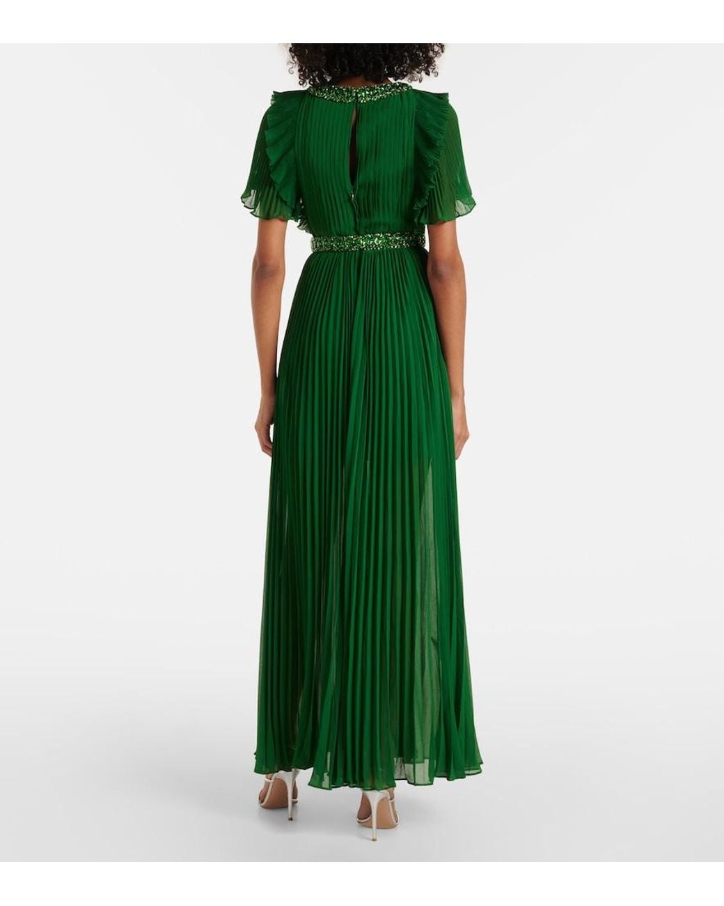 Self-Portrait Green Crystal-Embellished Ruffled Gown
