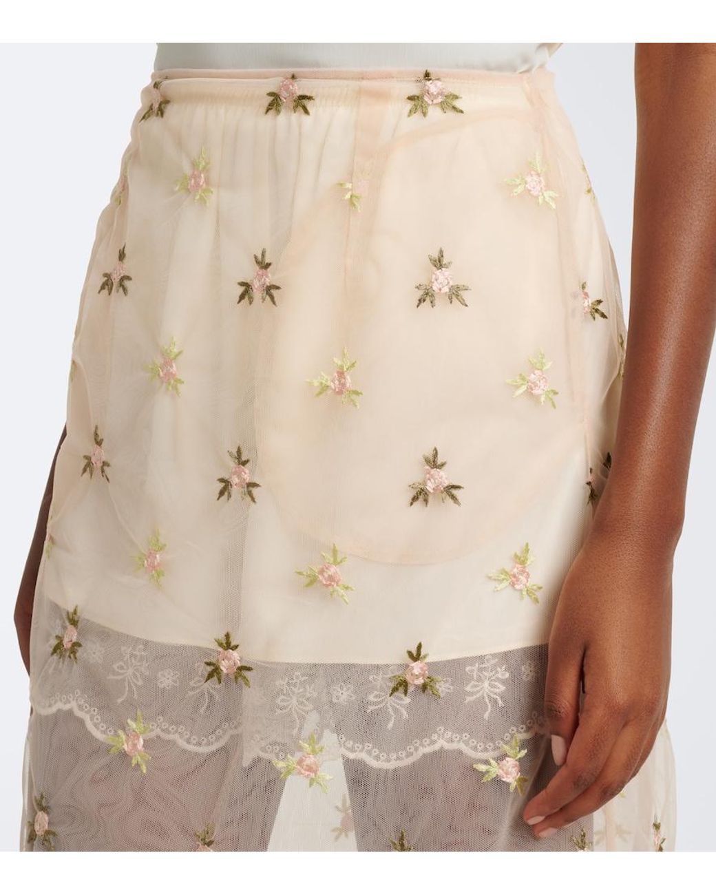 Simone Rocha Natural Embroidered Tulle Midi Skirt