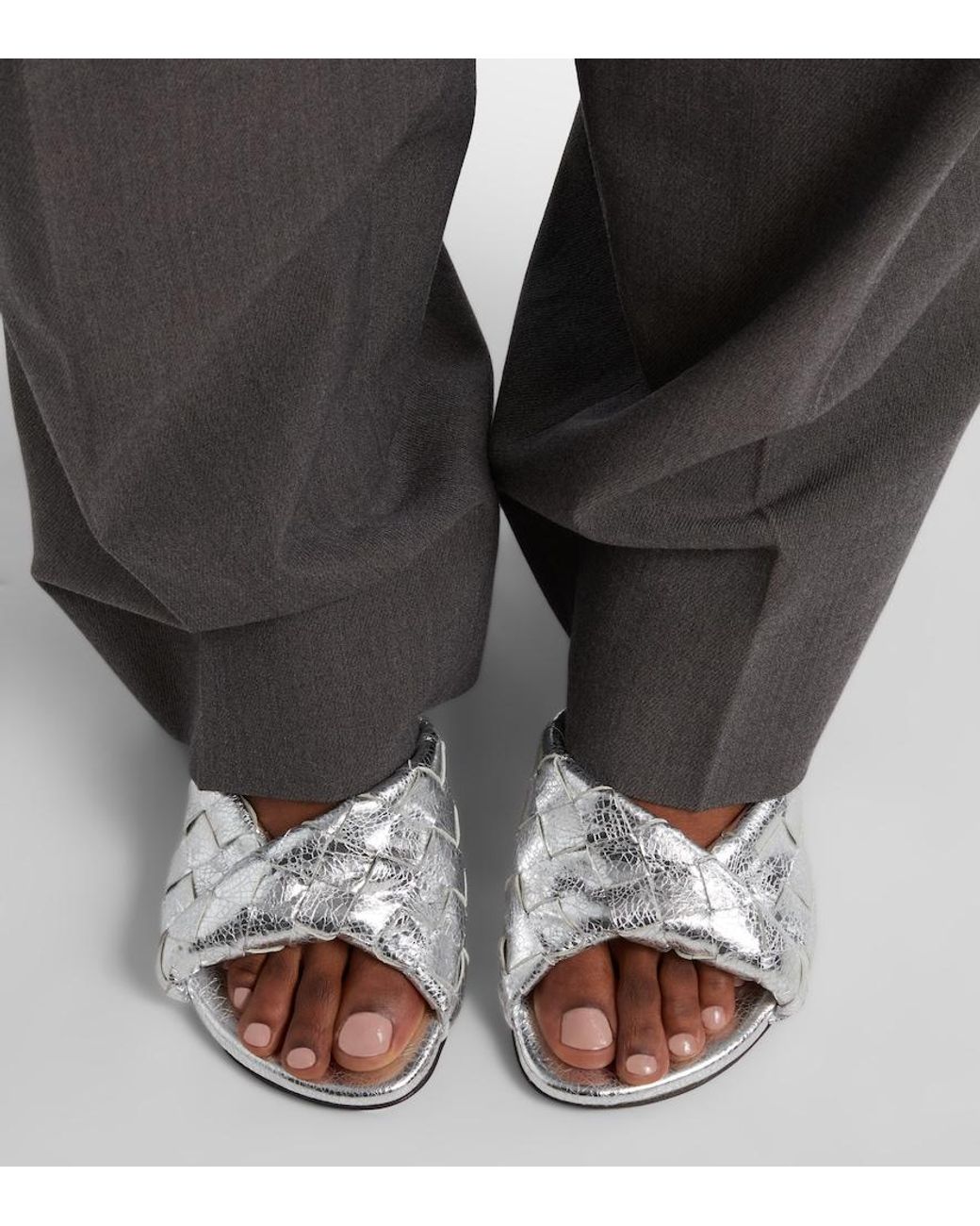 Bottega Veneta White Blink Intrecciato 80 Metallic Leather Mules