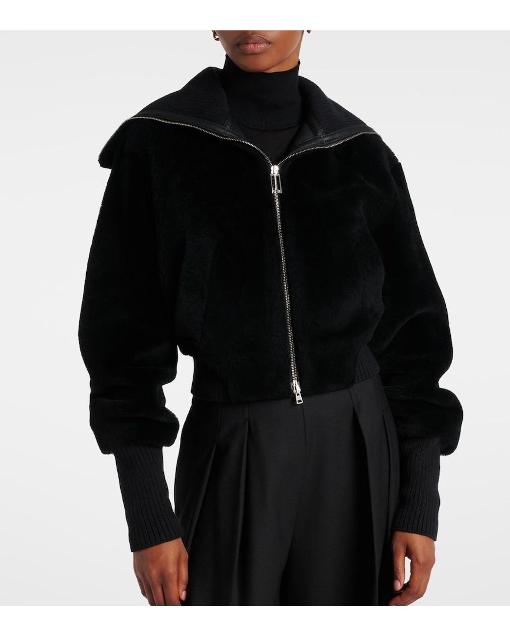 Victoria Beckham Black Shearling Bomber Jacket
