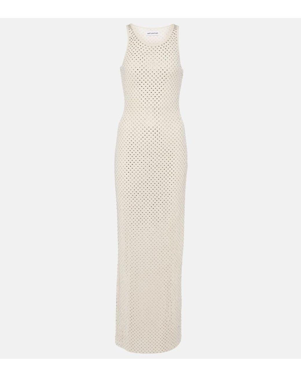 Self-Portrait White Embellished Mesh Maxi Dress