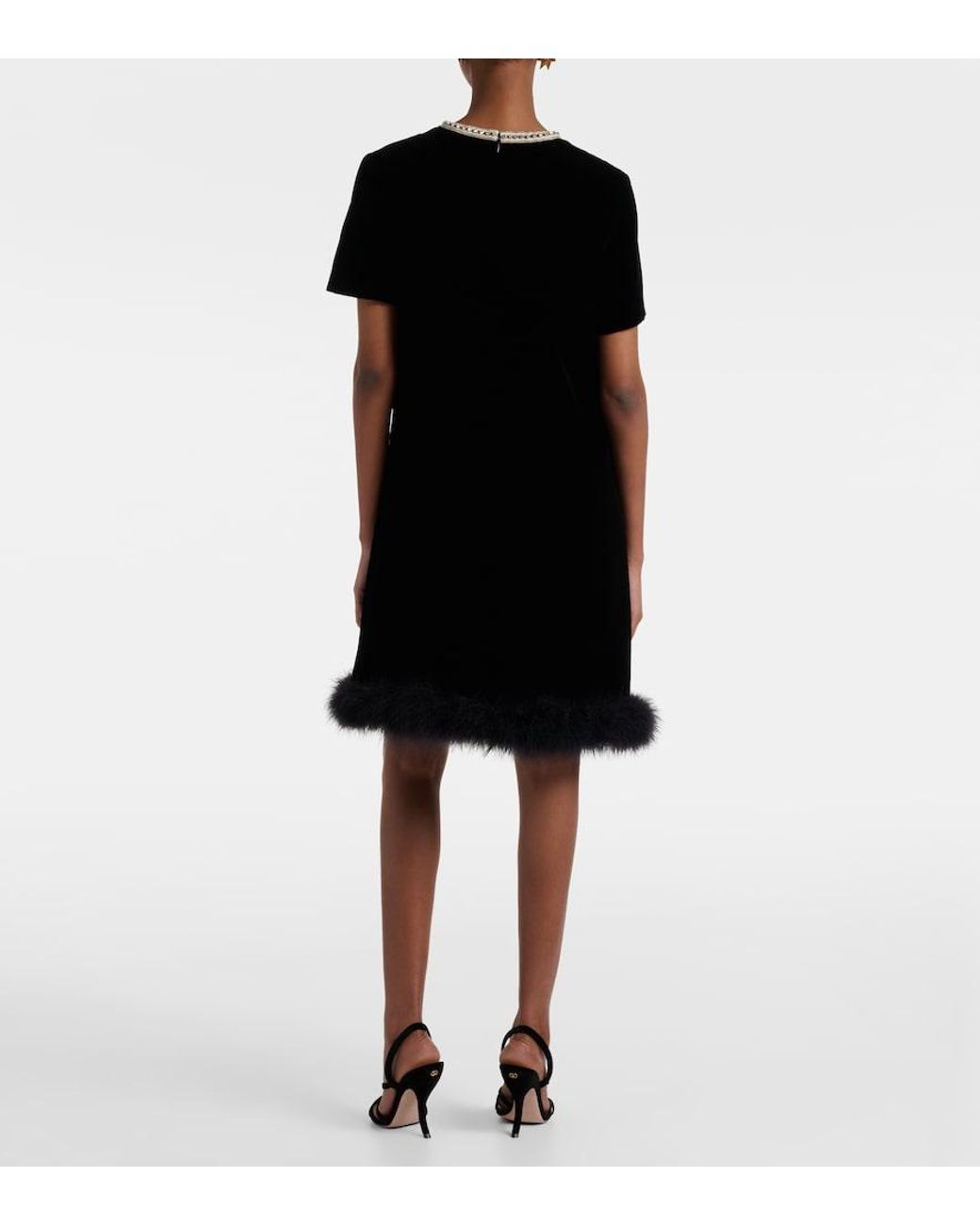 Valentino Garavani Black Embellished Feather-Trimmed Velvet Minidress