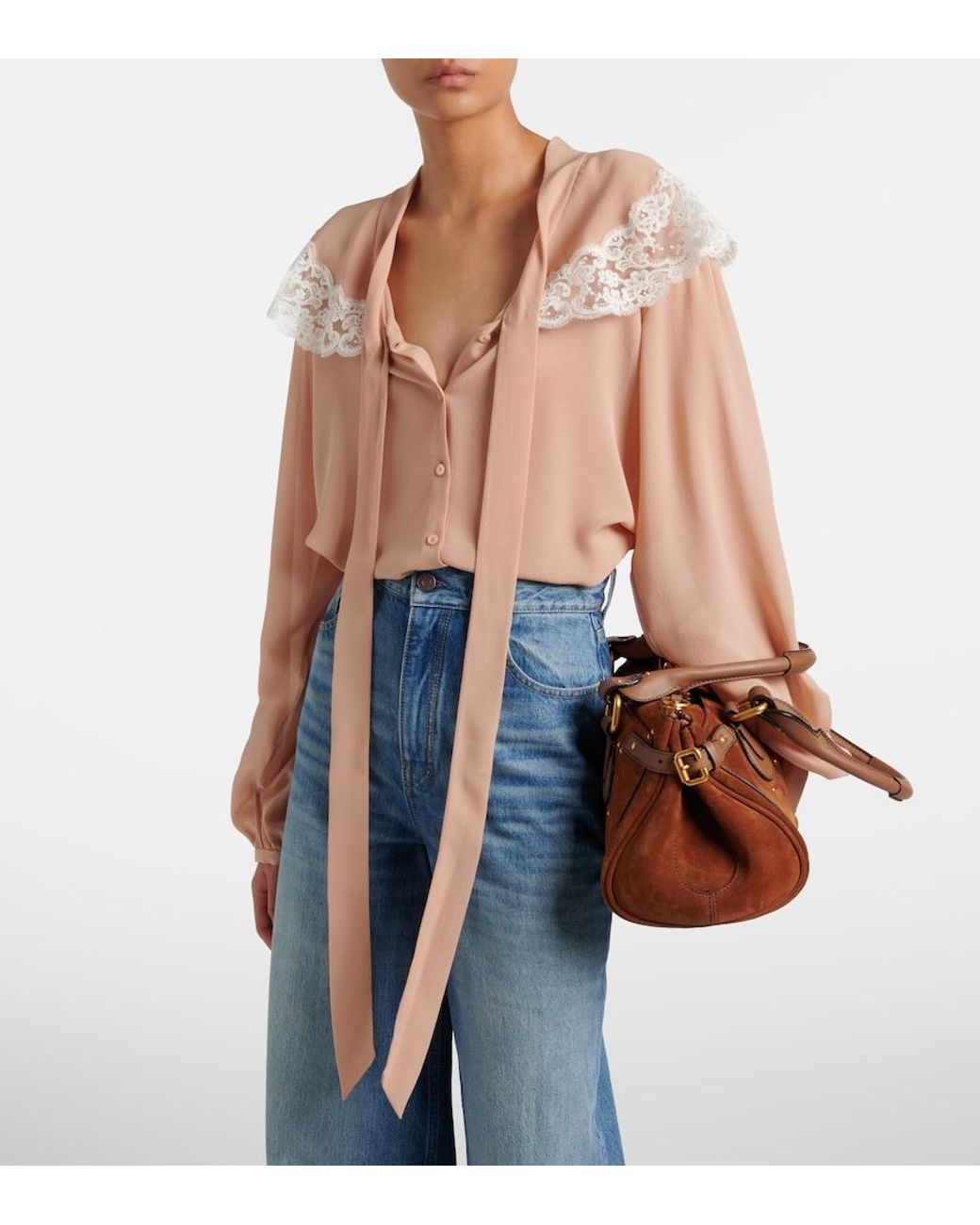 Chloé Natural Lace-Trimmed Silk Georgette Blouse