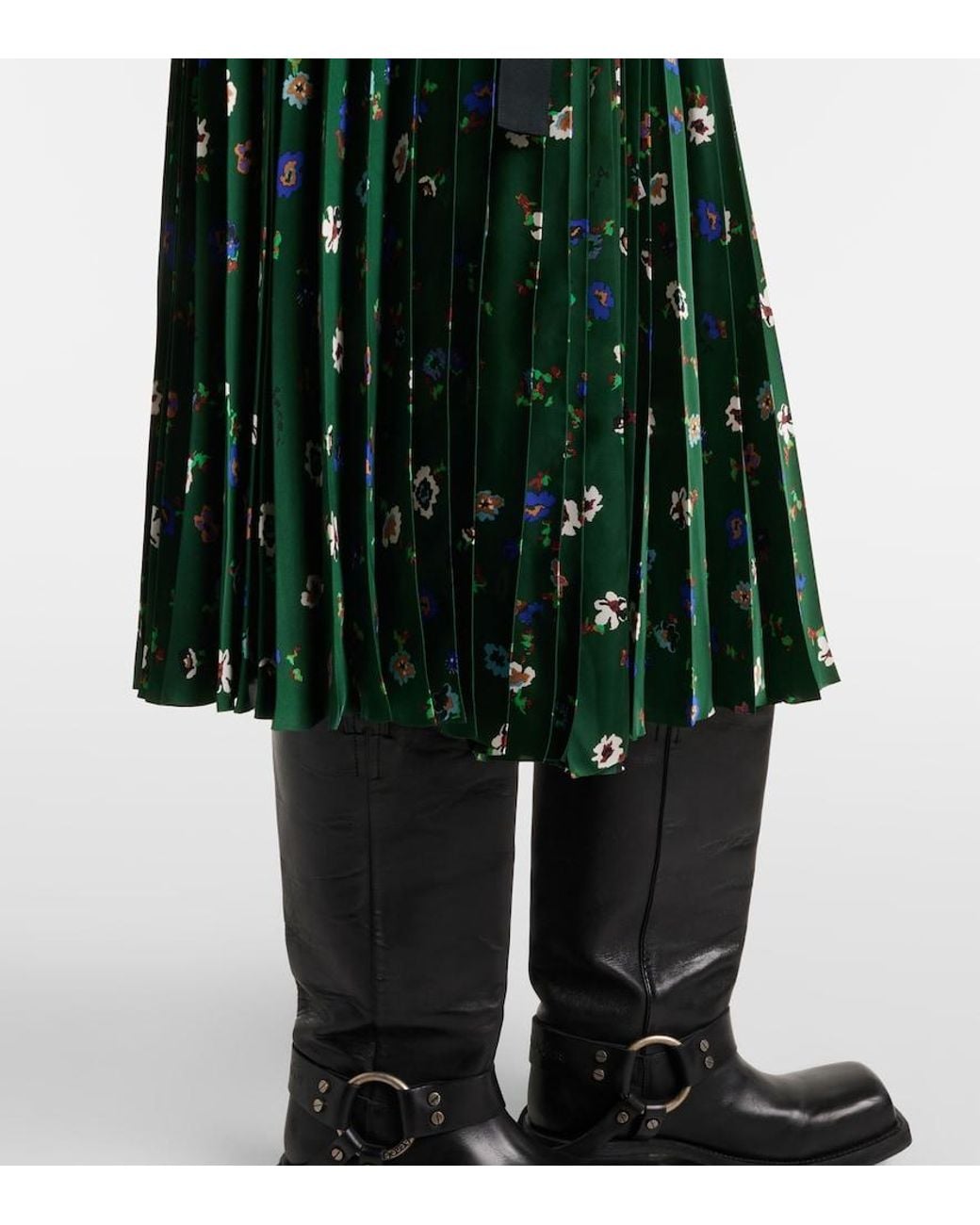 Sacai Green Floral Plisse Satin Midi Skirt