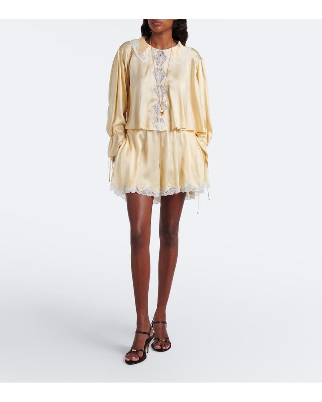 Chloé Natural Lace-Trimmed Silk Satin Blouse