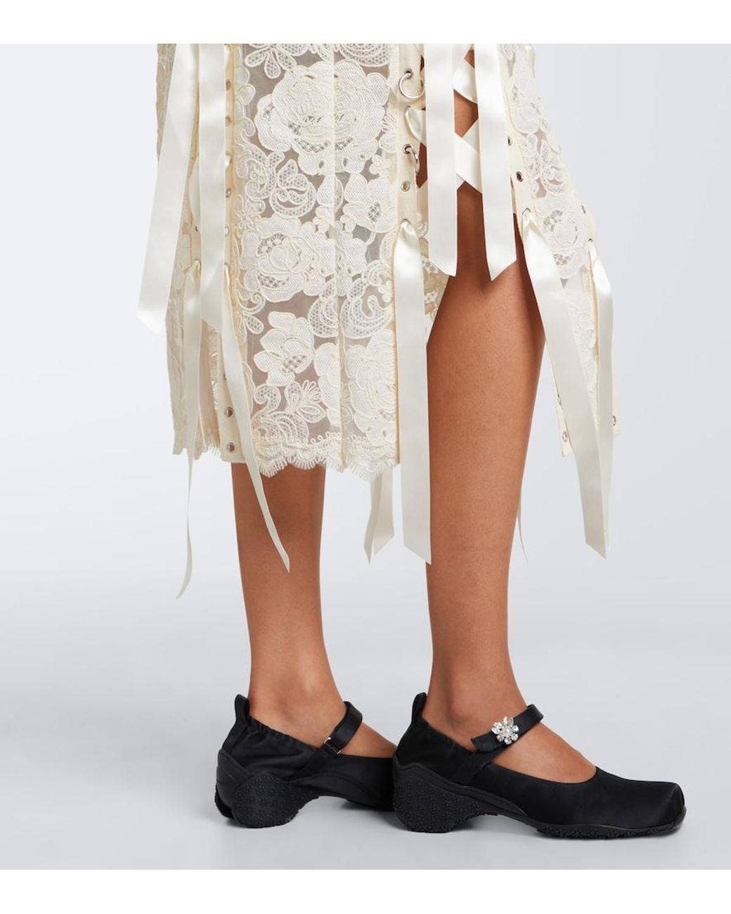 Simone Rocha Natural Unraveling Bow-Detail Lace Midi Skirt