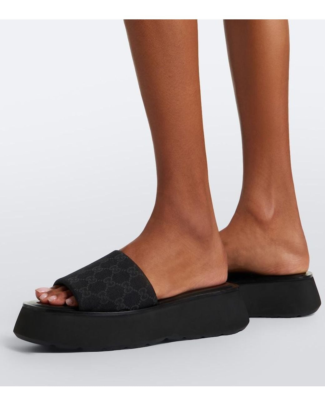 Gucci Black Gg Canvas Platform Slides